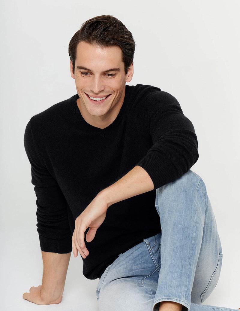 State Cashmere Men's Essential V-Neck Sweater 100% Pure Cashmere Classic Long Sleeve Pullover (Black, XX-Large) - Image 4